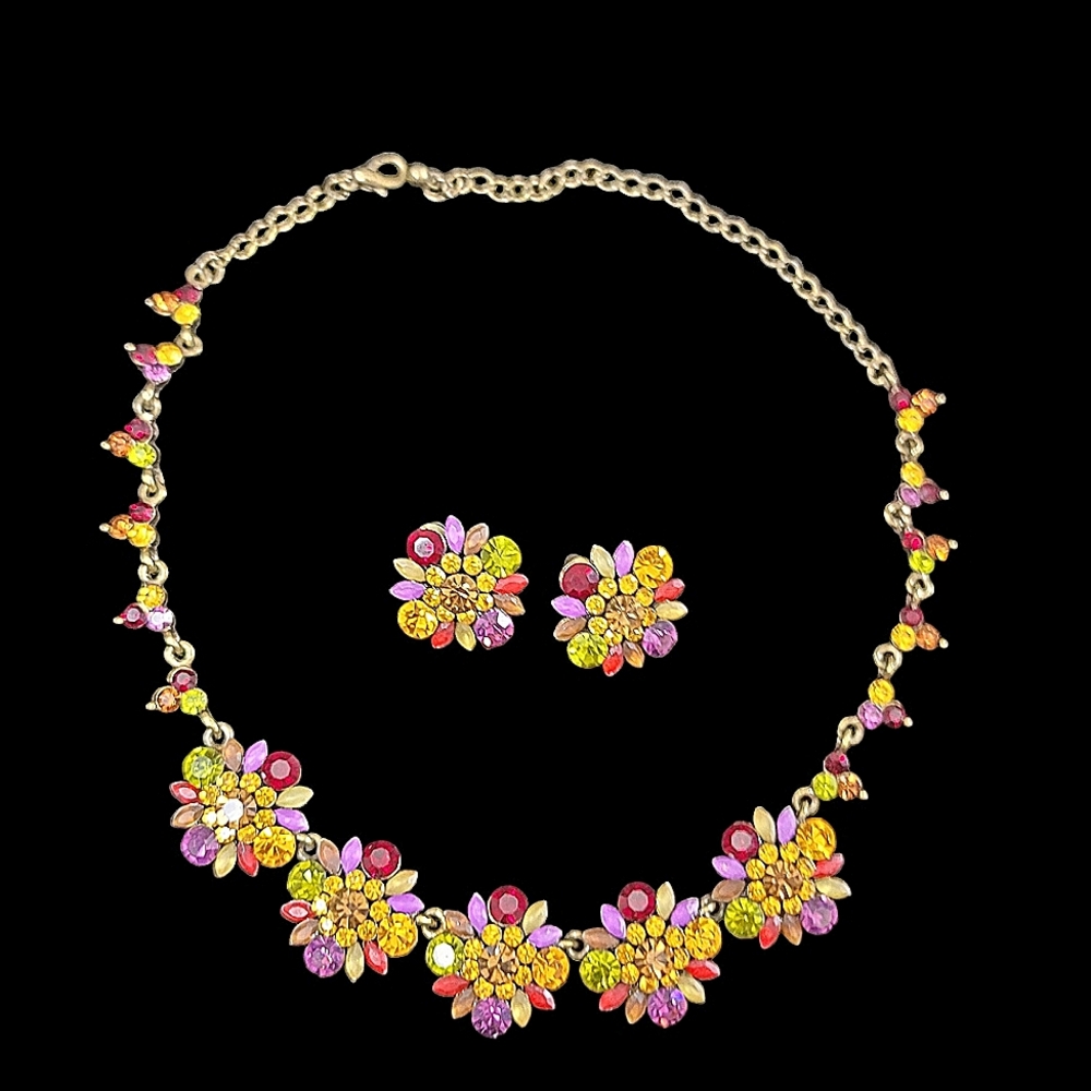 Exquisite Multicolored Necklace & Pierced Earring Set 17" Adjustable